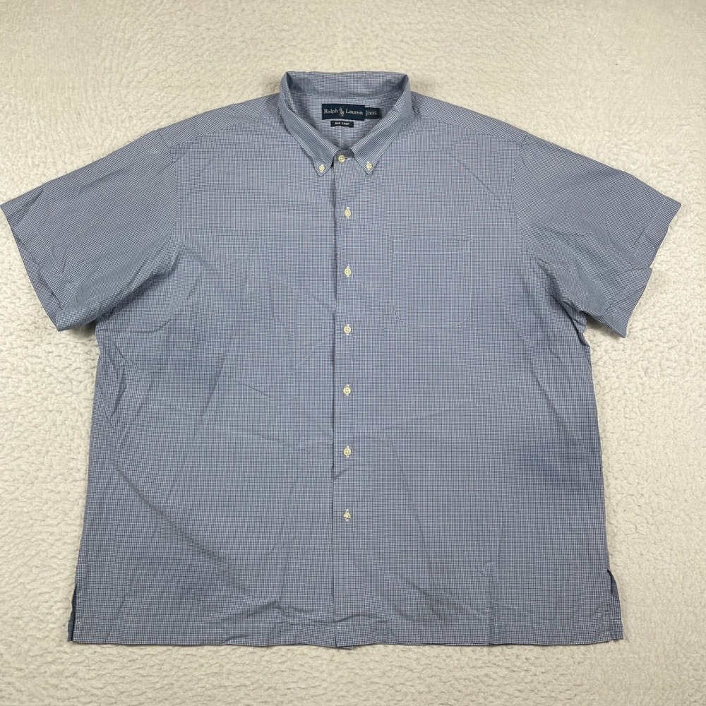 Ralph Lauren Big Camp Shirt Mens XXL Blue Micro Check Short Sleeve Button Down